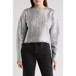 VIGOSS Metallic Cable Stitch Sweater XS Silver Cropped Distressed Holiday Party